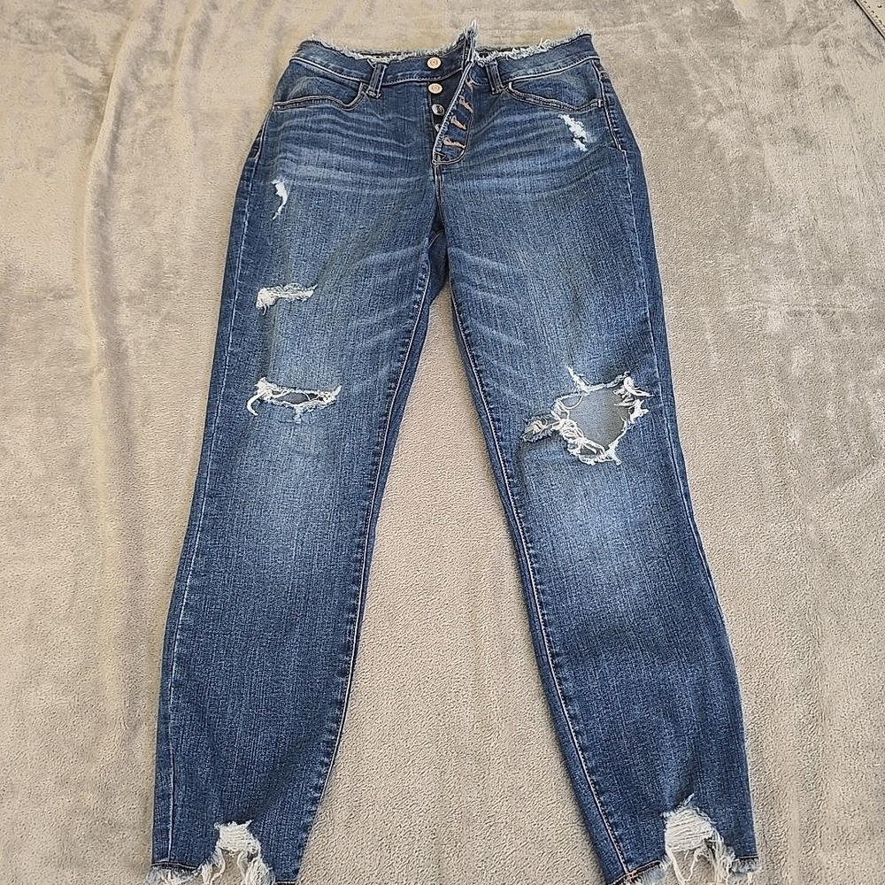 Maurices Jeans Womens Small Blue Distressed Super‎ High-Rise Button Fly Casual